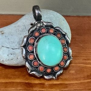 Vintage sterling silver, turquoise and coral pendant